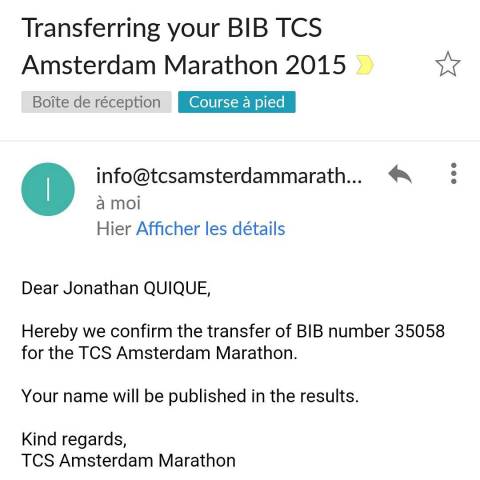 Dossard pour le Semi d'Amsterdam : transféré !