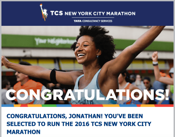 L'email m'annonçant ma sélection pour le prochaine Marathon de New York
