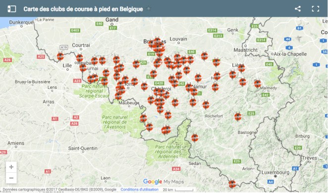 Carte des clubs de course à pied en Belgique